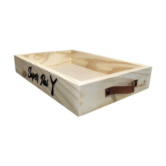Bandeja Decorativa Super Pai em Madeira de Pinus e Alça Couro Sintético - 28x42x7cm