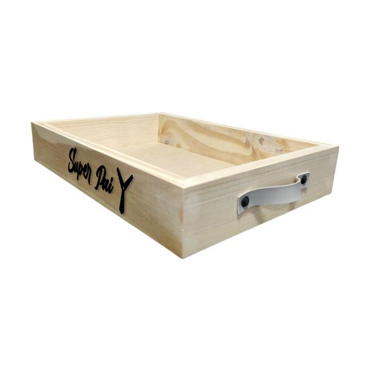 Bandeja Decorativa Super Pai em Madeira de Pinus e Alça Couro Sintético - 28x42x7cm