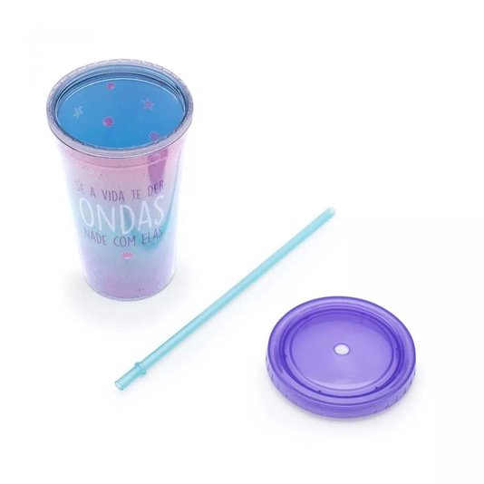 Copo Com Canudo e Glitter Sou Sereia - Se A Vida Te Der Onda Nade Com Ela - LUDI
