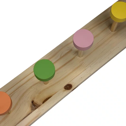 Cabideiro De Parede Colorido Em Pinus Com 6 Ganchos