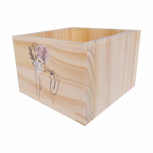 Cachepô Decorativo de Pinus com Estampa  - Silhueta Flores na Cabeça 15x15x10