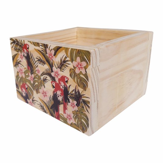Cachepô Decorativo de Pinus com Estampa - Araras e Flores 15x15x10