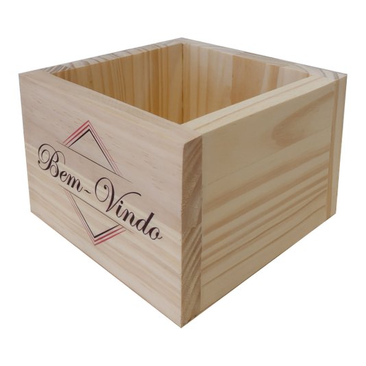 Cachepô Decorativo de Pinus com Estampa  - Bem Vindo  15x15x10