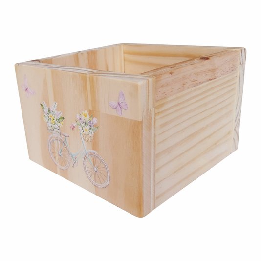 Cachepô Decorativo de Pinus com Estampa - Bicicleta e Borboletas 15x15x10