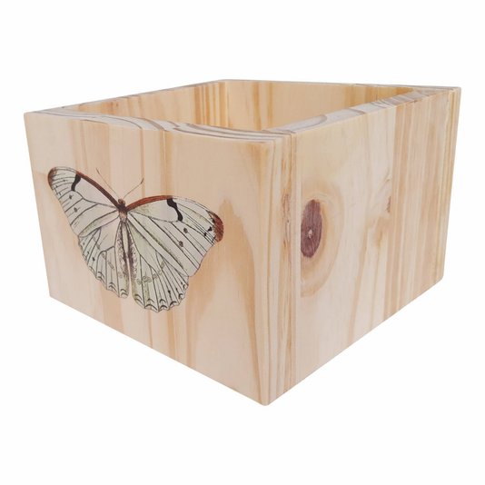 Cachepô Decorativo de Pinus com Estampa - Borboleta 15x15x10