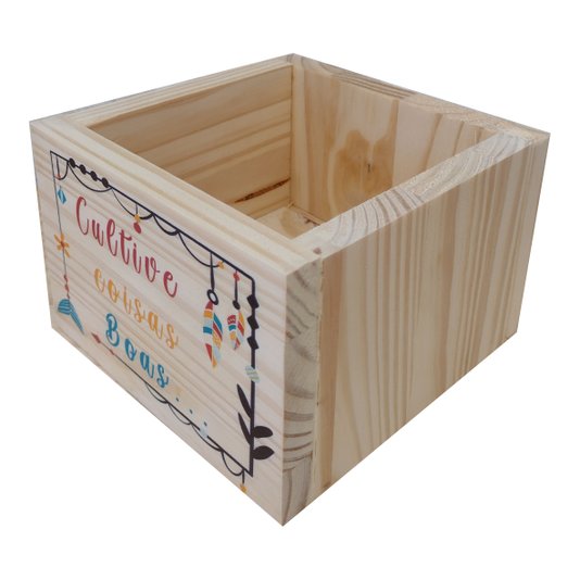 Cachepô Decorativo de Pinus com Estampa  - Cultive Coisas Boas 15x15x10