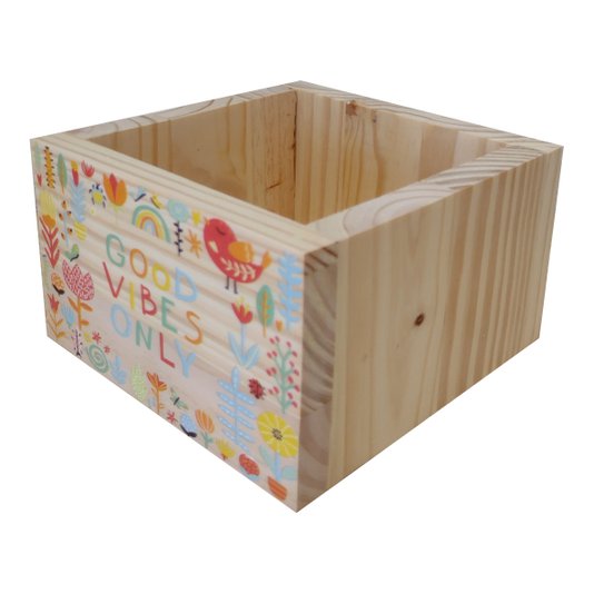 Cachepô Decorativo de Pinus com Estampa  - Good Vibes Only Colorido  15x15x10