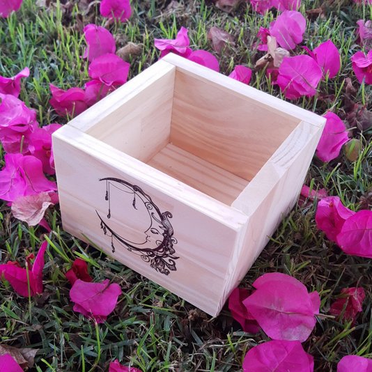 Cachepô Decorativo de Pinus com Estampa - Lua 15x15x10