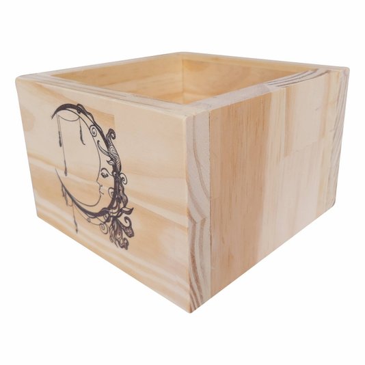Cachepô Decorativo de Pinus com Estampa - Lua 15x15x10