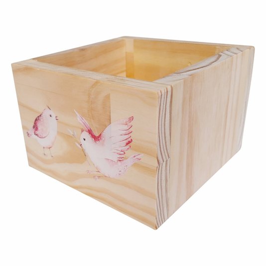 Cachepô Decorativo de Pinus com Estampa - Passarinhos 15x15x10