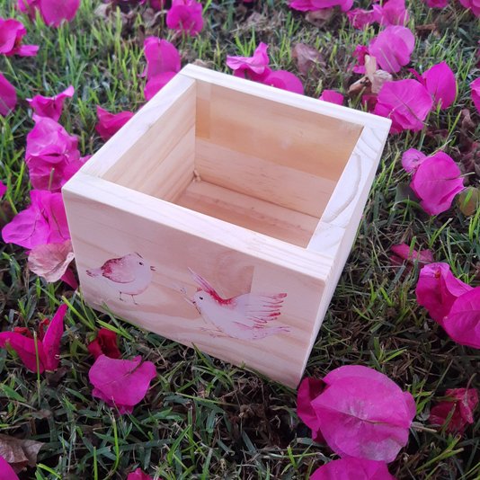 Cachepô Decorativo de Pinus com Estampa - Passarinhos 15x15x10