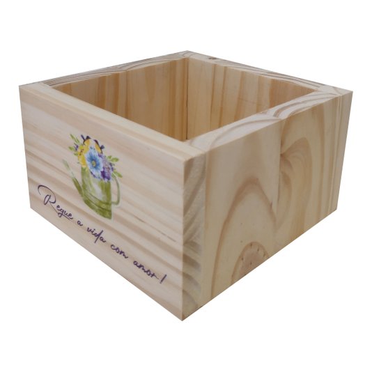Cachepô Decorativo de Pinus com Estampa  - Regue a Vida com Amor 15x15x10