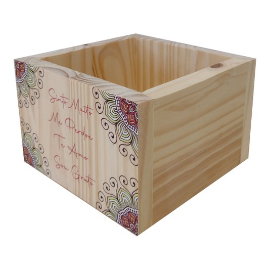 Cachepô Decorativo de Pinus com Estampa  - Sinto Muito Me Perdoe Te Amo Sou Grato 15x15x10