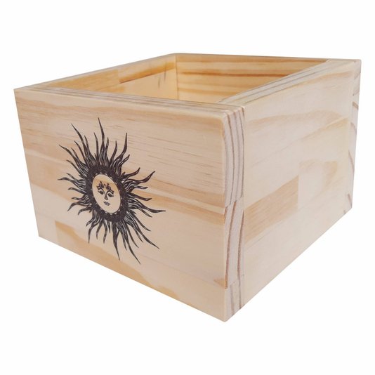 Cachepô Decorativo de Pinus com Estampa - Sol 15x15x10