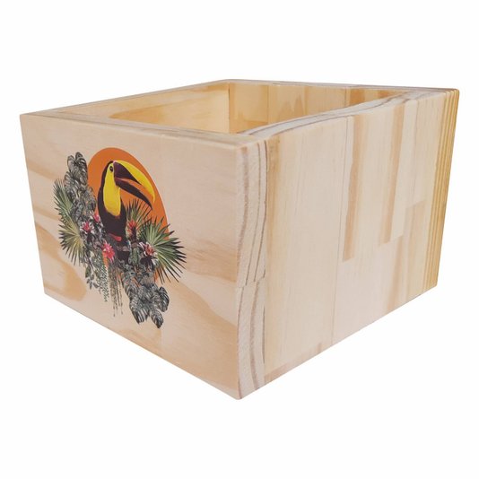Cachepô Decorativo de Pinus com Estampa - Tucano e Folhagens 15x15x10