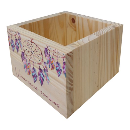 Cachepô Decorativo de Pinus com Estampa  - Viva Seus Sonhos 15x15x10