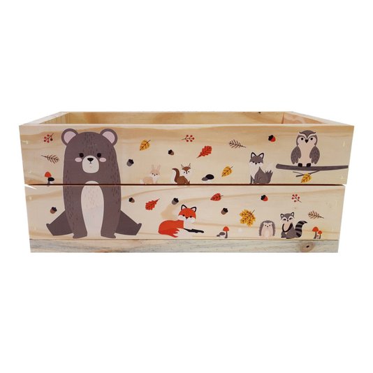 Caixote Decorativo 40cm em Madeira de Pinus com Estampa - Bichinhos na Floresta