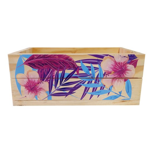 Caixote Decorativo 40cm em Madeira de Pinus com Estampa - Folhas e Flores Coloridas