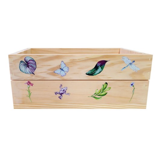 Caixote Decorativo 40cm em Madeira de Pinus com Estampa - Folhas e Insetos Coloridos