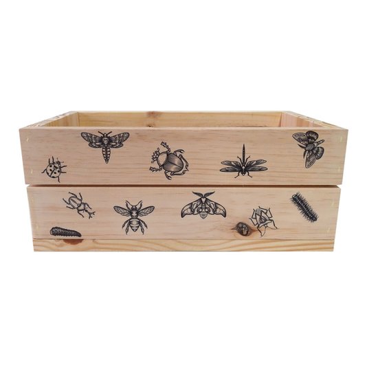 Caixote Decorativo 40cm em Madeira de Pinus com Estampa - Insetos Preto e Branco
