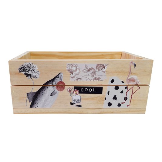 Caixote Decorativo 40cm em Madeira de Pinus com Estampa - Peixe Caveira Flamingo