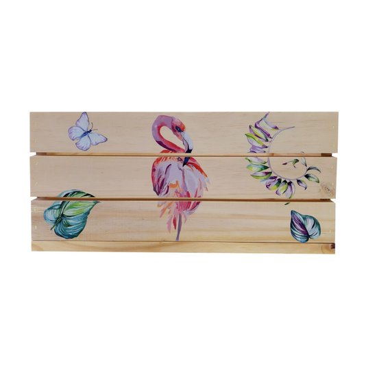 Caixote Decorativo 50cm em Madeira de Pinus com Estampa - Flamingo e Folhas