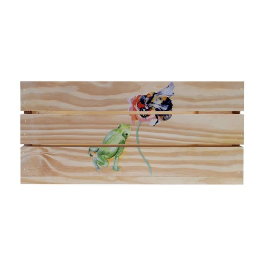 Caixote Decorativo 50cm em Madeira de Pinus com Estampa - Sapo e Abelha na Flor