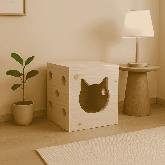 Casinha de Gato Médio e Pequeno em Madeira de Pinus - 35x35x36,8cm