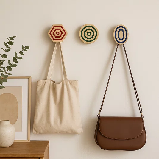 Conjunto 3 Ganchos Cabideiros Penduradores de Parede Geométrico Com Frisos em Madeira Pinus