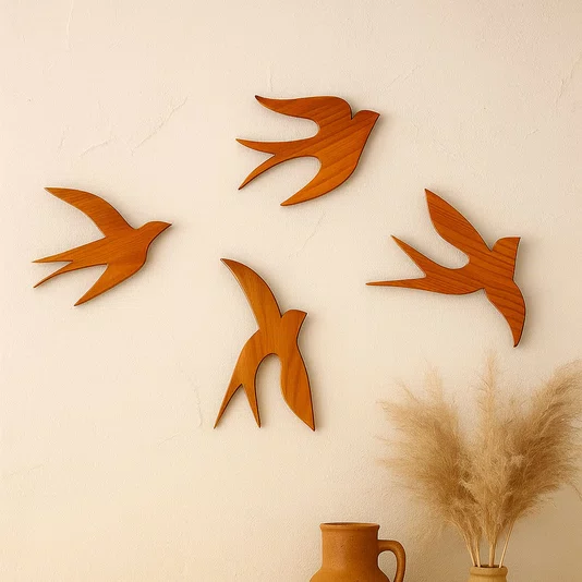 Conjunto 4 Pássaros Decorativos Escultura de Parede Estilo Minimalista em Madeira Pinus