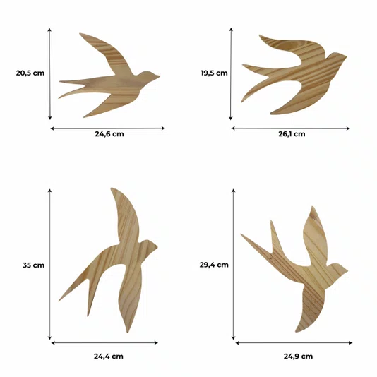 Conjunto 4 Pássaros Decorativos Escultura de Parede Estilo Minimalista em Madeira Pinus