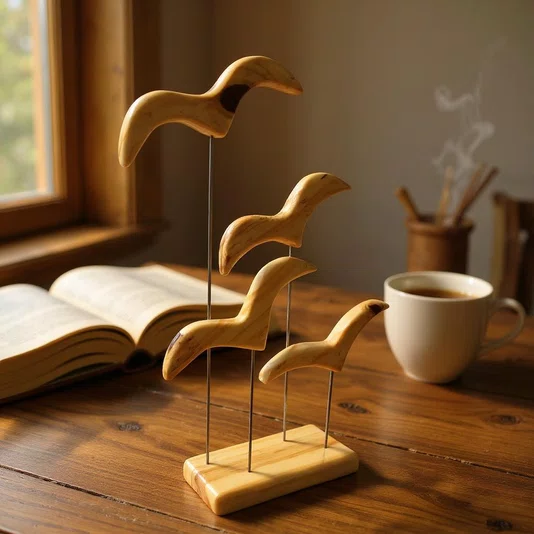 Enfeite Decorativo de Estante Escultura de Pássaros em Madeira Pinus, Estilo Zen, Feng Shui, Rústico e Minimalista