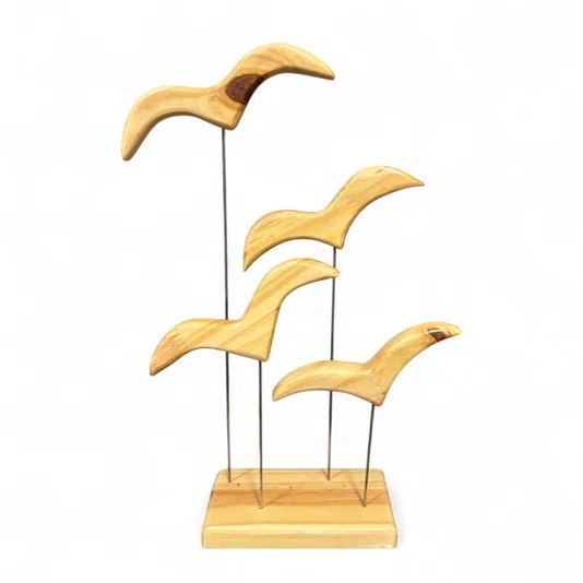 Enfeite Decorativo de Estante Escultura de Pássaros em Madeira Pinus, Estilo Zen, Feng Shui, Rústico e Minimalista