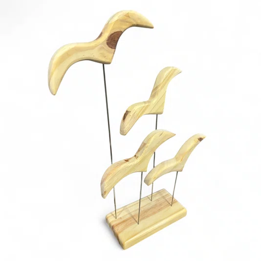 Enfeite Decorativo de Estante Escultura de Pássaros em Madeira Pinus, Estilo Zen, Feng Shui, Rústico e Minimalista