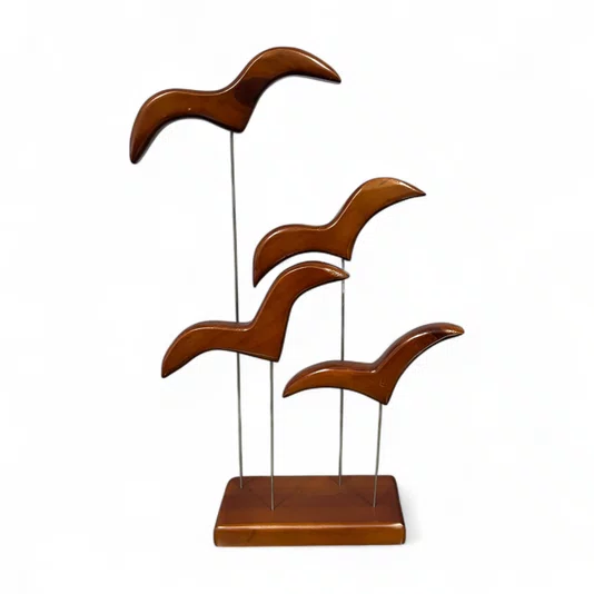 Enfeite Decorativo de Estante Escultura de Pássaros em Madeira Pinus, Estilo Zen, Feng Shui, Rústico e Minimalista