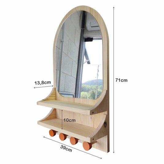 Espelho Decorativo com Prateleira e Cabideiro Funcional de Madeira Pinus - 39x71x13,8cm - Farmhouse