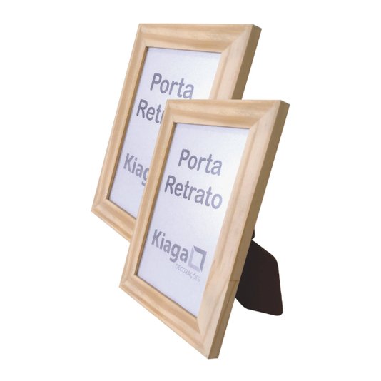 Kit 10 Porta Retratos 10x15cm com Moldura de Pinus Natural e PVC Mais Fundo com Suporte - 2x1