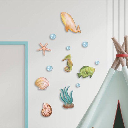 Kit Placas Decorativas Quarto Infantil Coleção Oceano Fundo do Mar - 13 Peças