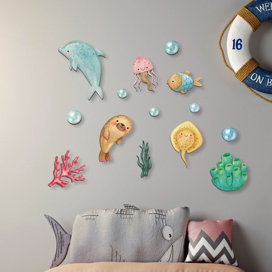 Kit Placas Decorativas para Quarto Infantil Tema Oceano Animais Marinhos - 14 Peças