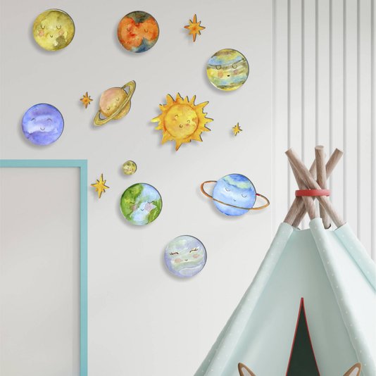 Kit Placas Decorativas para Quarto Infantil Tema Planetas Sistema Solar - 14 peças
