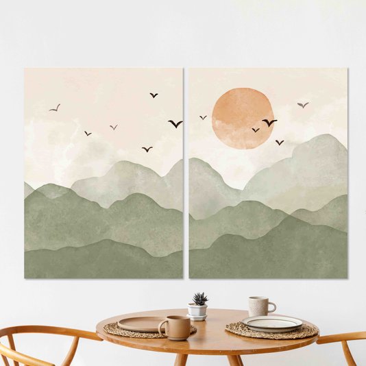 Kit 2 Placas Decorativas Pássaros nas Montanhas E Sol Aquarela Estilo Japandi