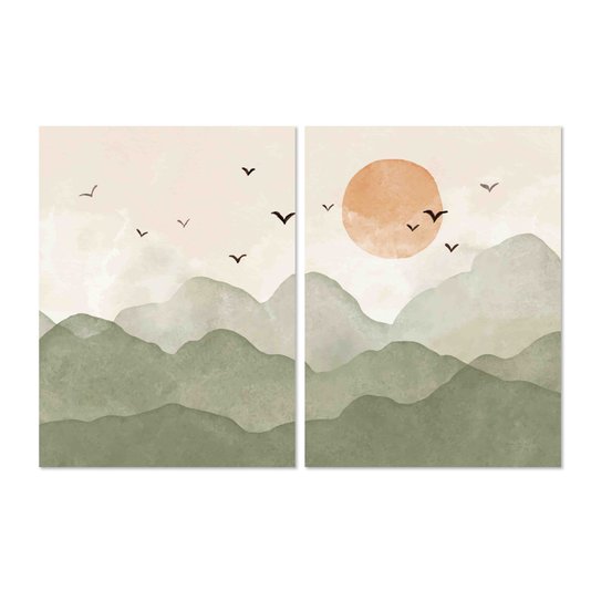 Kit 2 Placas Decorativas Pássaros nas Montanhas E Sol Aquarela Estilo Japandi