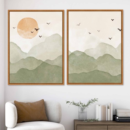 Kit 2 Quadros Em Tela Canvas Montanhas Com Sol E Pássaros Aquarela Estilo Japandi