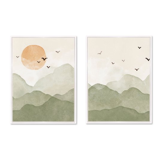Kit 2 Quadros Em Tela Canvas Montanhas Com Sol E Pássaros Aquarela Estilo Japandi