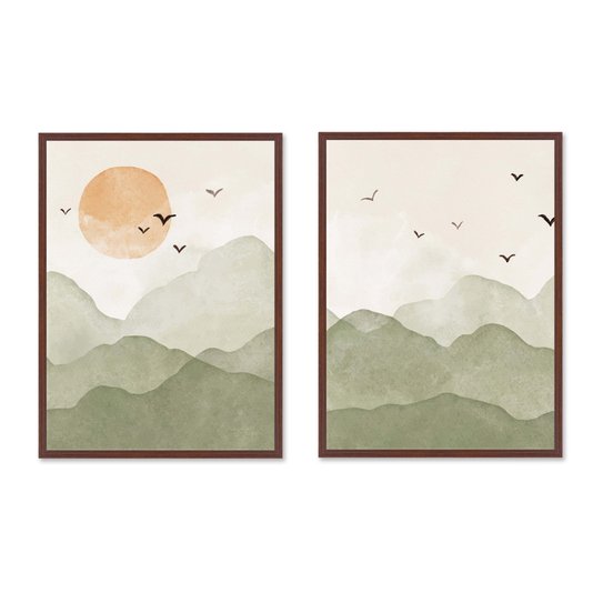 Kit 2 Quadros Em Tela Canvas Montanhas Com Sol E Pássaros Aquarela Estilo Japandi
