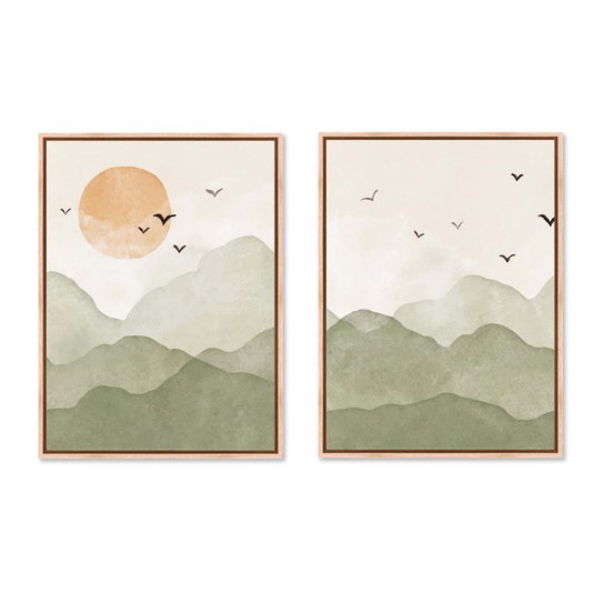 Kit 2 Quadros Em Tela Canvas Montanhas Com Sol E Pássaros Aquarela Estilo Japandi
