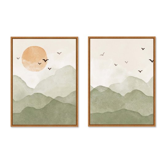 Kit 2 Quadros Em Tela Canvas Montanhas Com Sol E Pássaros Aquarela Estilo Japandi
