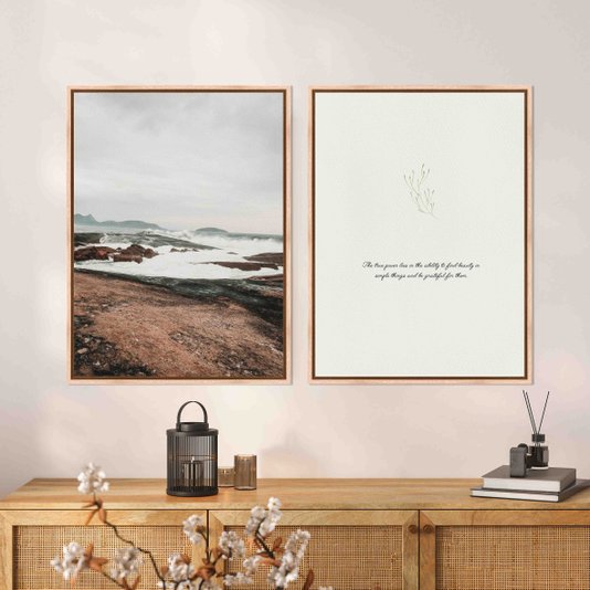 Kit 2 Quadros Em Tela Canvas Frase E Paisagem Praia Estilo Japandi