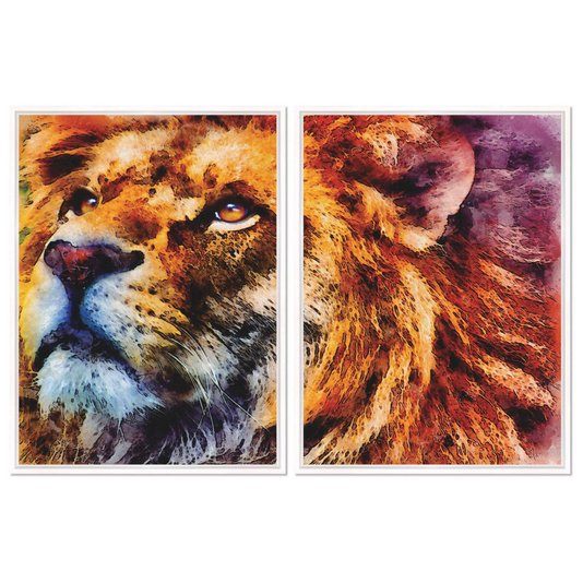 Kit 2 Quadros em Telas Canvas Leão Colorido