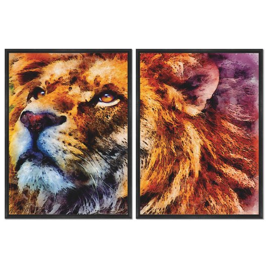 Kit 2 Quadros em Telas Canvas Leão Colorido